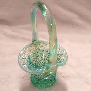 Fenton glass Mini Basket ( Carnival Glass Sea Green Opalescent)
